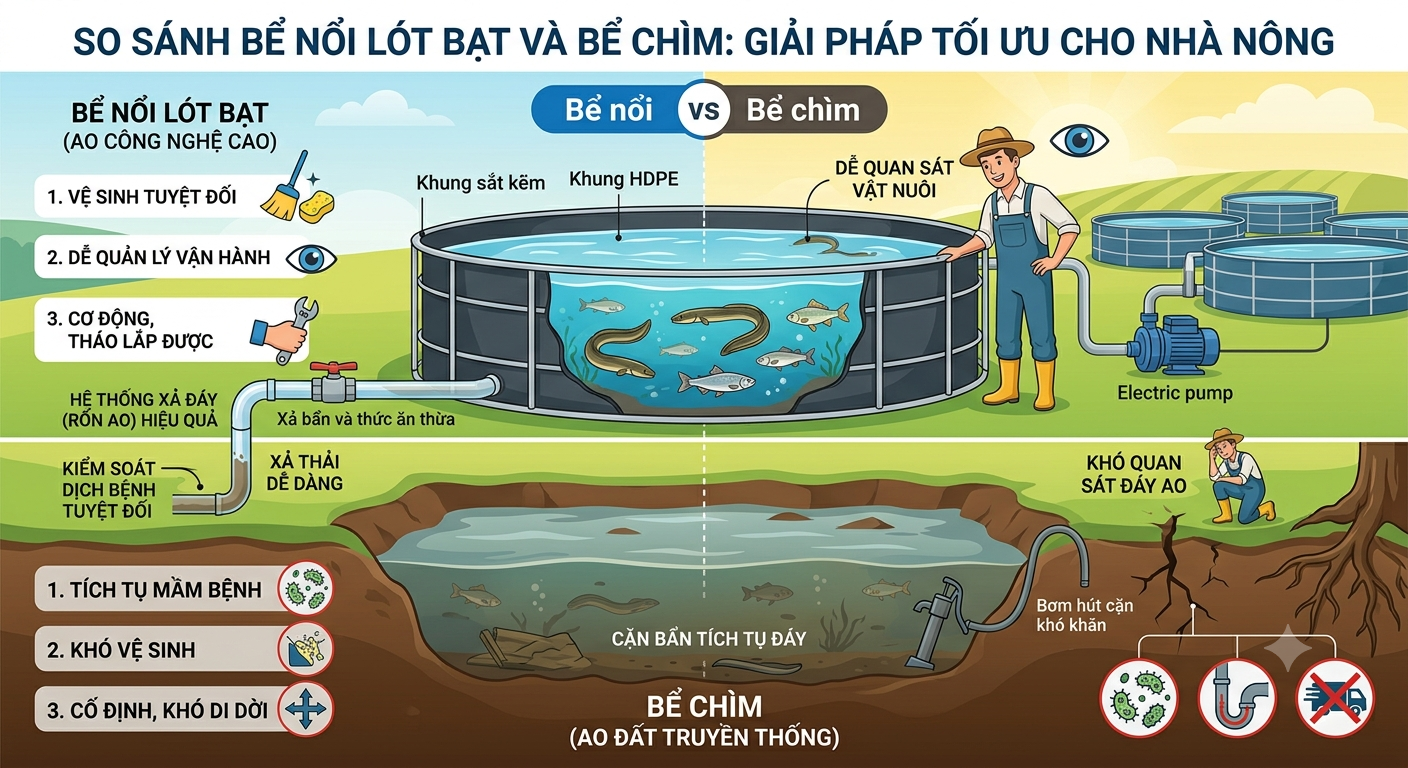 Nên Nuôi Thủy Sản Bằng Bể Nổi Hay Bể Chìm? Lựa Chọn Tối Ưu Cho Nhà Nông